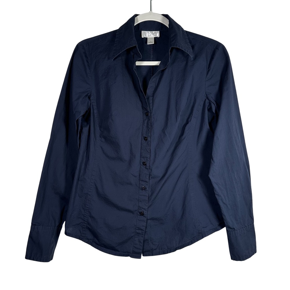 Ann Taylor Loft Womens Navy Blue Cotton Button Down Shirt Size 4 Long Sleeve
